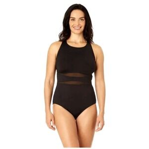 NEW! Lands End Black Mesh One Piece Swimsuit High Neck Black SZ L